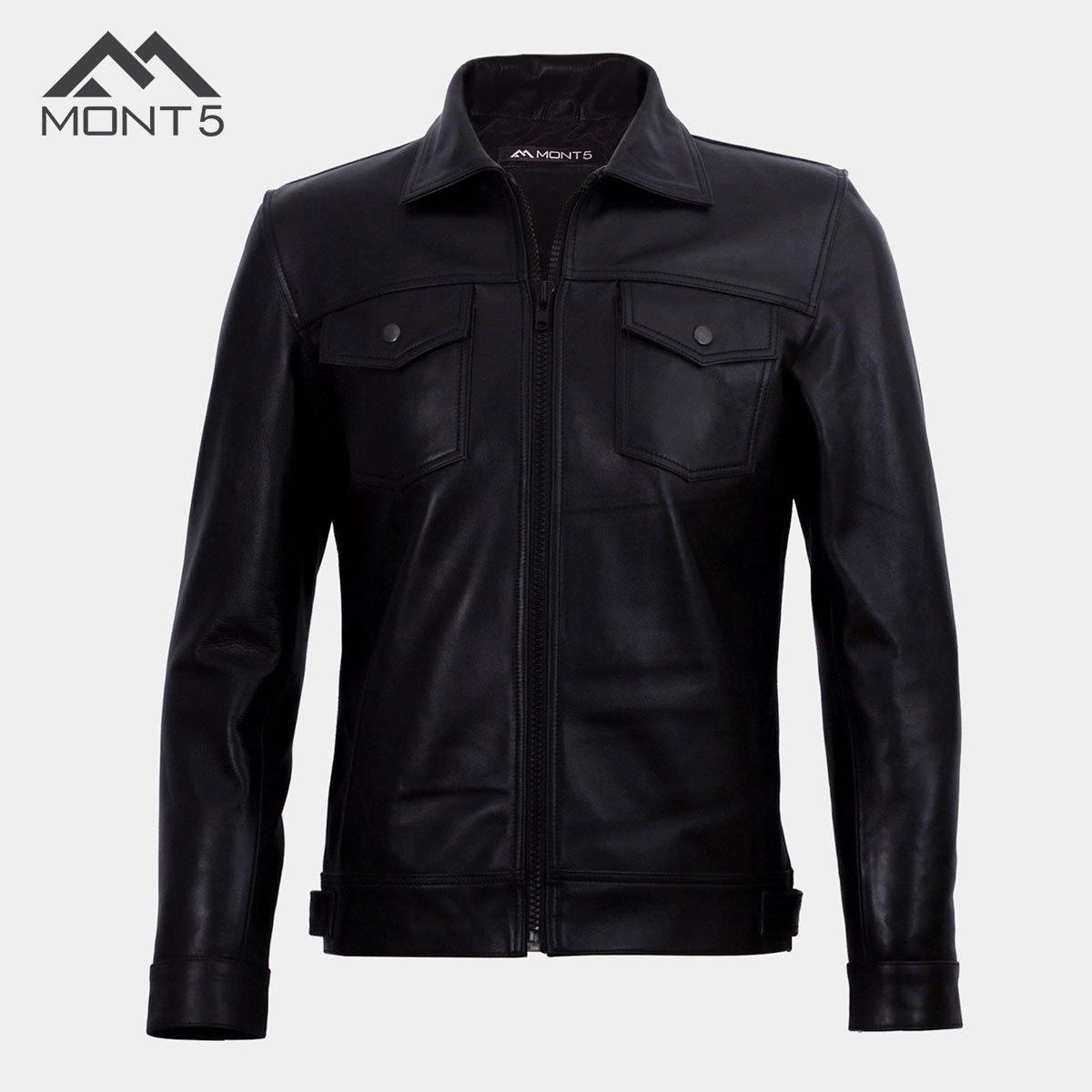 MONT5 - Diran Men Black Classic Leather Jacket with Shirt Collar