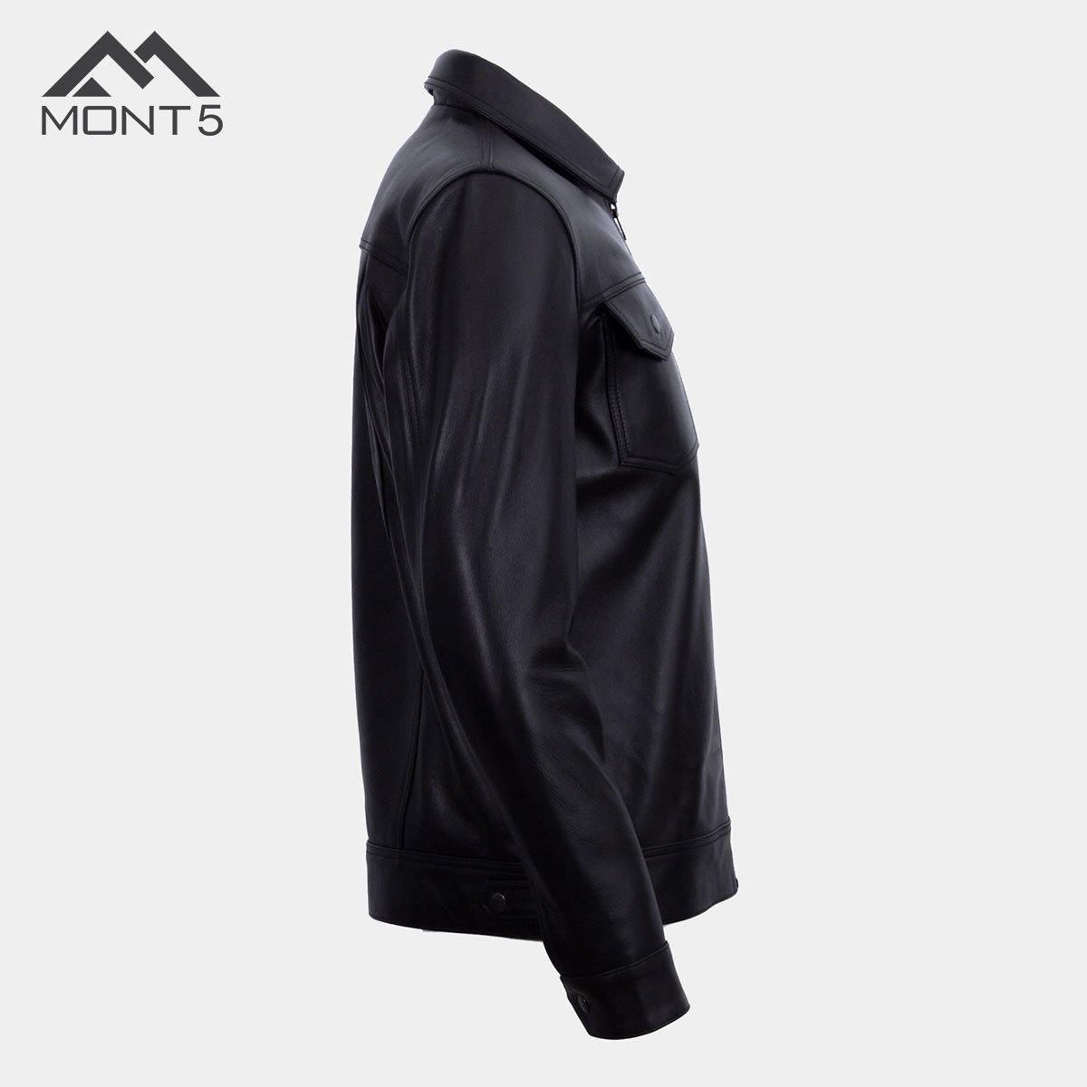 MONT5 - Diran Men Black Classic Leather Jacket with Shirt Collar