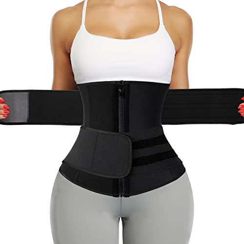 KIWI RATA Neoprene Sauna Waist Trainer Corset Sweat Belt with 2 Straps for Women Double Compression Workout Cincher Back Support Fajas,#2 Zipper Black,Small