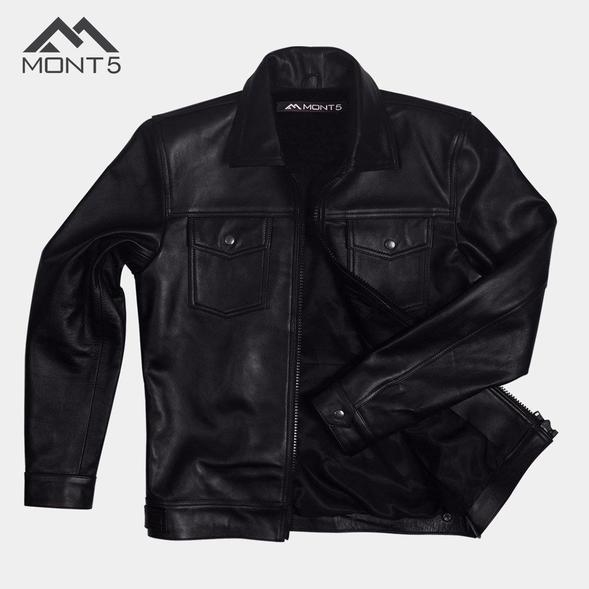 MONT5 - Diran Men Black Classic Leather Jacket with Shirt Collar