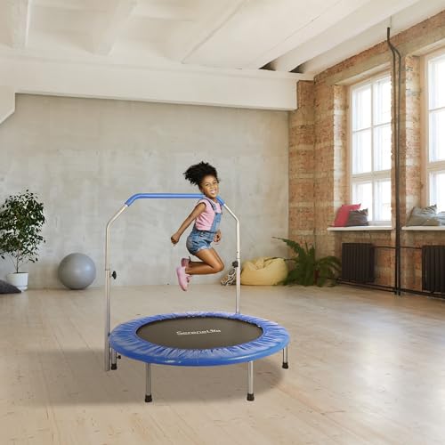 SereneLife 36"/40" Portable & Foldable Trampoline in-Home Mini Rebounder with Adjustable Handrail for Indoor and Outdoor Workout Use, Fitness Body Exercise, Round Jumping Cardio, Safe for Kids/Adults