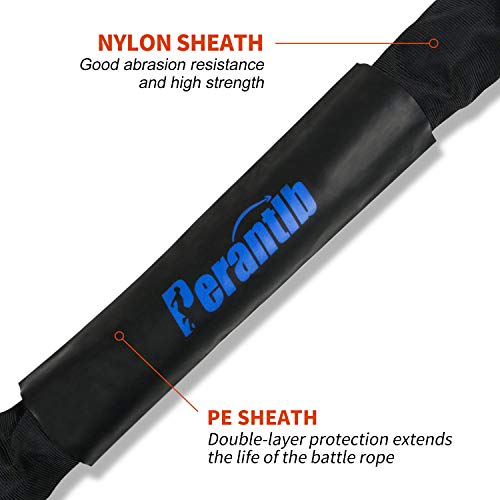 Perantlb 100% Poly Dacron Heavy Battle Rope - 1.5", 30' 40' 50' Lengths - Upgraded Durable Protective Sleeve - Gym Muscle Toning Metabolic Workout Fitness - Anchor Strap Kit Included (1.5" x 30 ft)