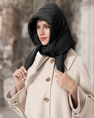 Winter Down Hood Hat Hooded Scarf Hat Extra Warm Tie Under Chin for Women Girls Black