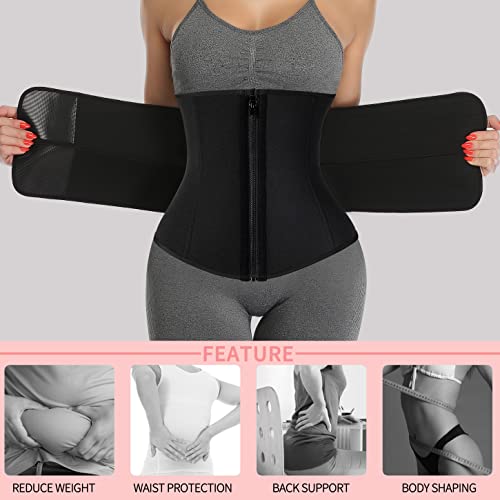 KIWI RATA Neoprene Sauna Waist Trainer Corset Sweat Belt with 2 Straps for Women Double Compression Workout Cincher Back Support Fajas,#2 Zipper Black,Small