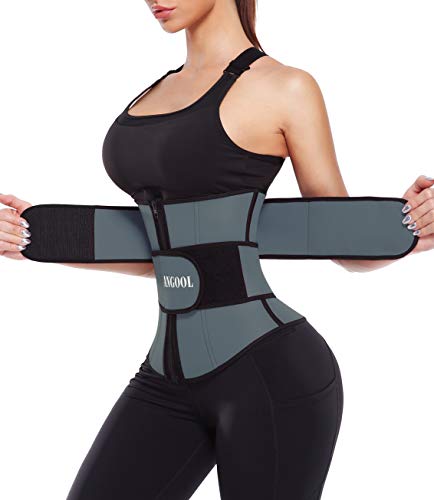 ANGOOL Neopren Waist Trainer For Women,Workout Plus Size Trimmer Belt Sauna Sweat Corset Cincher With Zipper S Gray-Dark