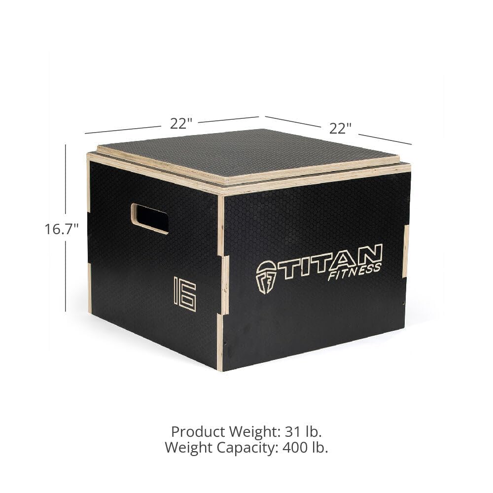 Titan Fitness 16in Anti-Slip Stackable Wooden Plyometric Box, Pro-Duty Plyo Box, Jump Step-Up Box Squat, Home Garage Gym Training