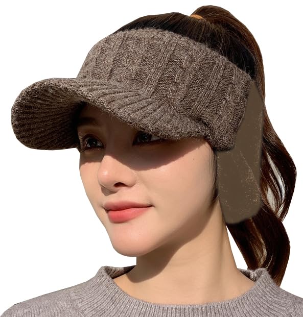 Elastic Knit Visor Hat for Women Chic Sports Hat Baseball Cap with Warm Plush Earmuffs for Cold Weather 2024 Coffee