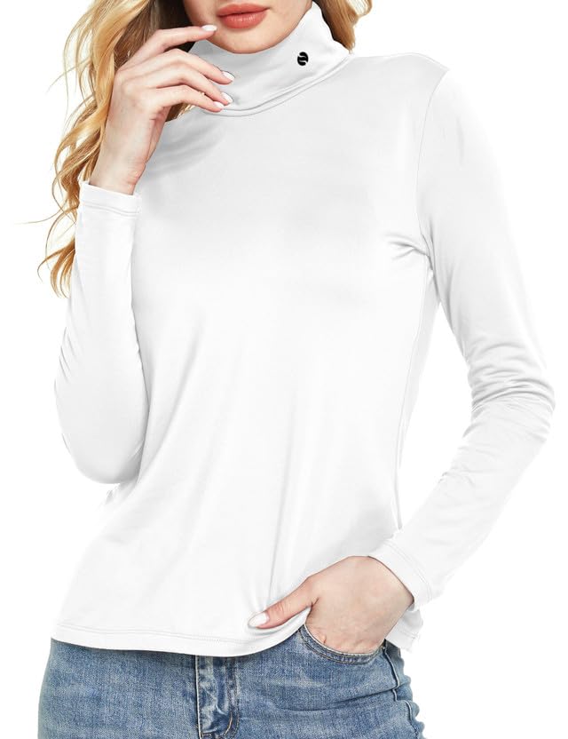 SSLR White Turtleneck Women Thermal Shirts Turtle Neck Long Sleeve Fleece Lined Winter Slim Fitted Mock Neck Base Layer (Medium, White)