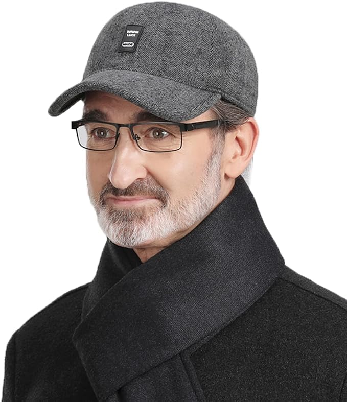 Clakllie Men's Winter Warm Woolen Peaked Baseball Cap Hat with Earmuffs Metal Buckle Unisex Fitted Hats Dad Hats,Gray-1