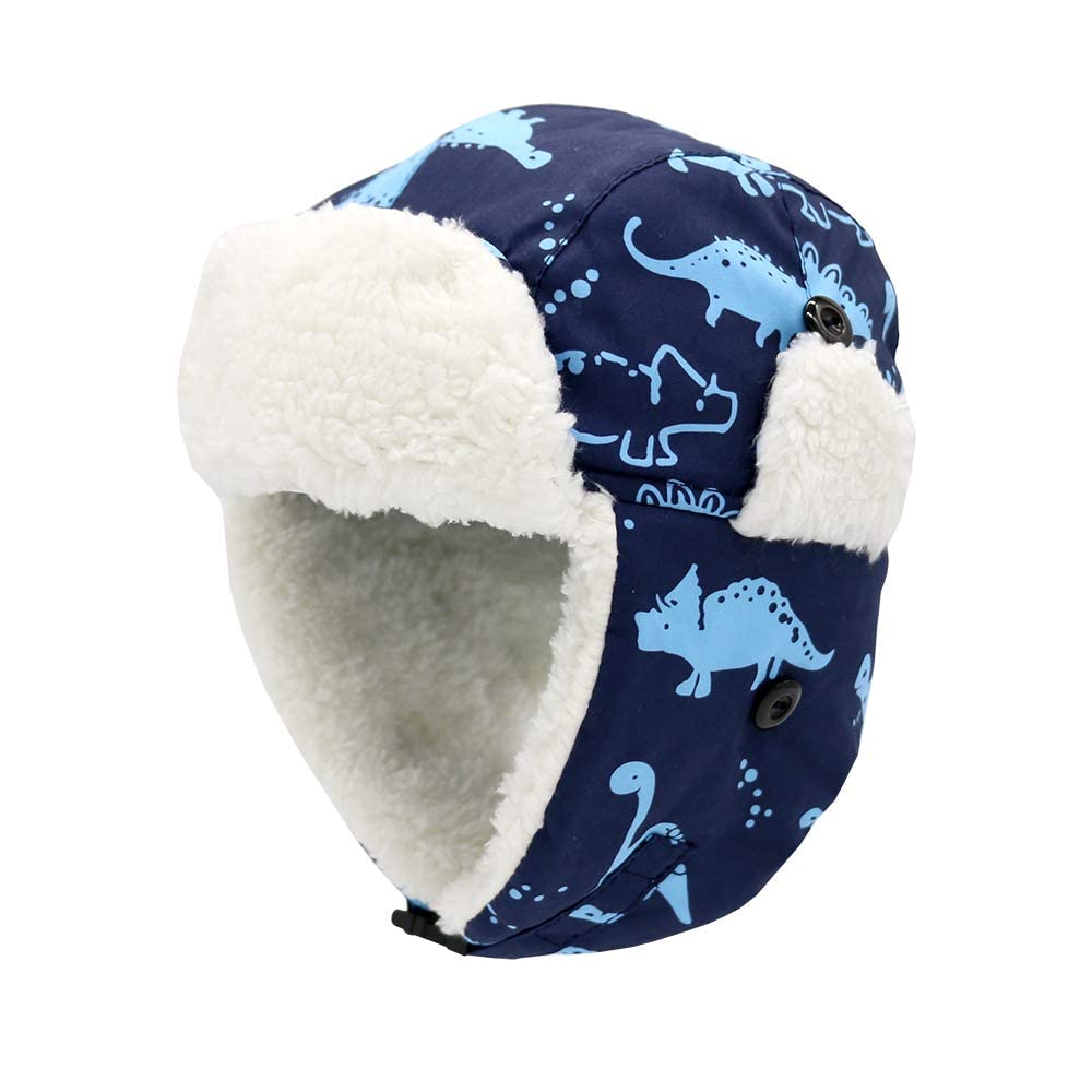 Baby Boy Hats Toddler Winter Hat Sherpa Lined Warm Trapper Hat Fleece Girl Infant Beanie Blue Dinosaur 2-5T