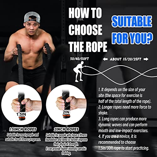 Perantlb 100% Poly Dacron Heavy Battle Rope - 1.5", 30' 40' 50' Lengths - Upgraded Durable Protective Sleeve - Gym Muscle Toning Metabolic Workout Fitness - Anchor Strap Kit Included (1.5" x 30 ft)