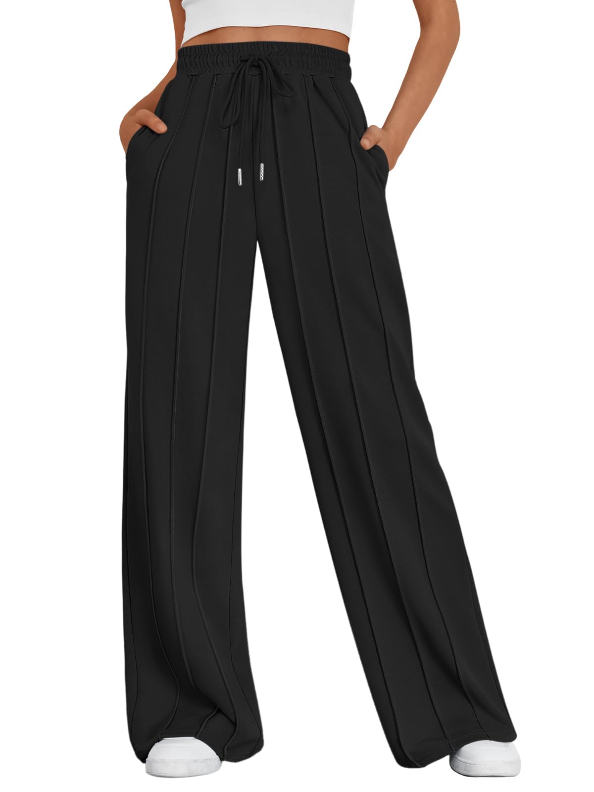 Trendy Queen Womens Wide Leg Sweatpants Baggy Flared Drawstring Lounge Pants Fall Winter Clothes with Pockets, Black, M