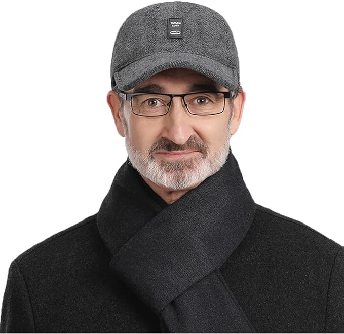 Clakllie Men's Winter Warm Woolen Peaked Baseball Cap Hat with Earmuffs Metal Buckle Unisex Fitted Hats Dad Hats,Gray-1