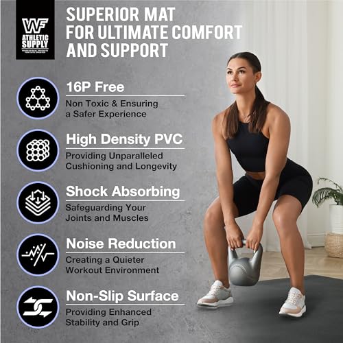 WF Athletic Supply Premium Large Exercise Floor Mats, 6' X 4' X 7 MM, Workout Mats for Home Gym Thick, Heavy-Duty Floor Mat for Gym, Cardio, Weightlifting, Exercise Equipment, Shoe-Friendly, Black