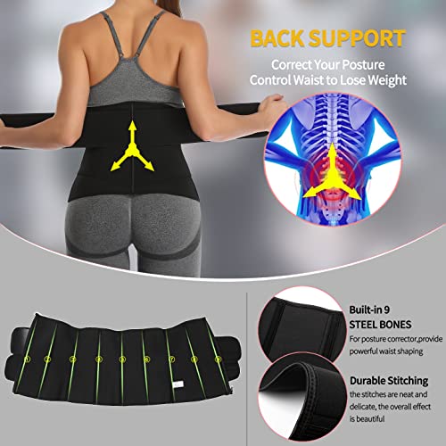 KIWI RATA Neoprene Sauna Waist Trainer Corset Sweat Belt with 2 Straps for Women Double Compression Workout Cincher Back Support Fajas,#2 Zipper Black,Small