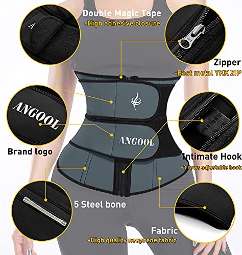 ANGOOL Neopren Waist Trainer For Women,Workout Plus Size Trimmer Belt Sauna Sweat Corset Cincher With Zipper S Gray-Dark
