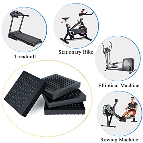BXI Exercise Equipment Mat - 4 x 4 x 0.8 Inches 4 Pcs Non Slip Noise Reduction Anti Vibration Treadmill Stationary Bike Mats, Heavy Duty Thick Steel Embedded Rubber Pad for Hardwood Floors & Carpet