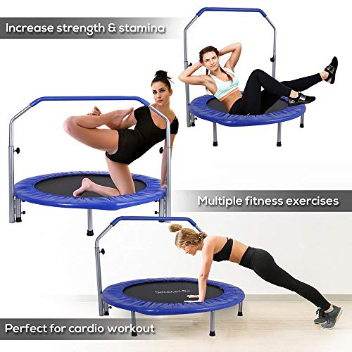 SereneLife 36"/40" Portable & Foldable Trampoline in-Home Mini Rebounder with Adjustable Handrail for Indoor and Outdoor Workout Use, Fitness Body Exercise, Round Jumping Cardio, Safe for Kids/Adults