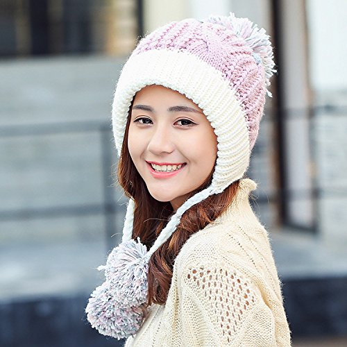 HUAMULAN Women Winter Sherpa Beanie Hats Knit Ear Flaps Peruvian Cover Ears Warm Fleece Lined Fluffy Ski Snow Hat 3 Pompom