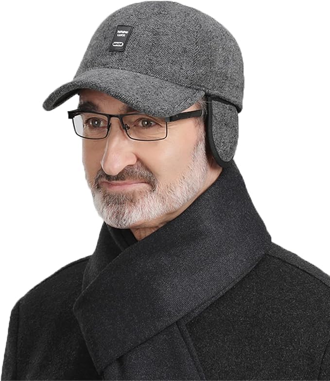 Clakllie Men's Winter Warm Woolen Peaked Baseball Cap Hat with Earmuffs Metal Buckle Unisex Fitted Hats Dad Hats,Gray-1