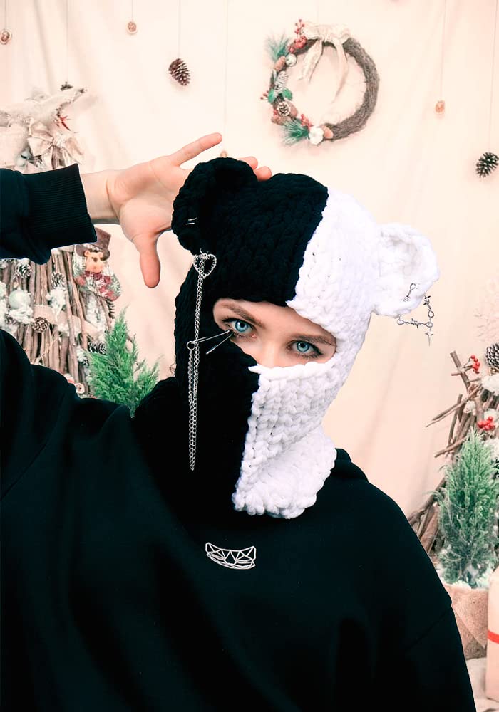 DAZCOS Knitted Balaclava Hat Devil Horn Bunny Ears Head Mask Winter Woolen Beanie Riding Hats for Women and Men (White+Black2)