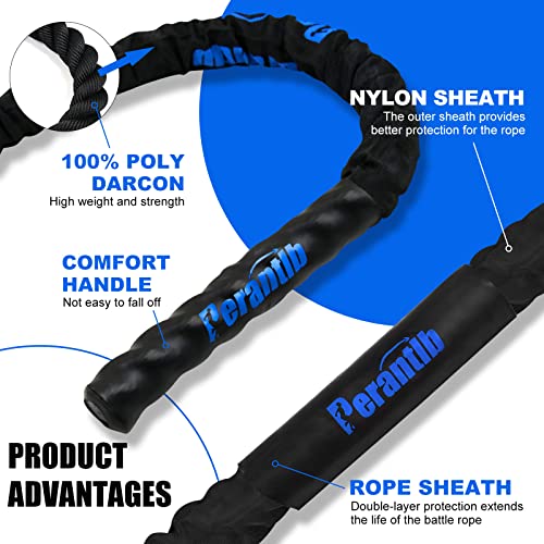 Perantlb 100% Poly Dacron Heavy Battle Rope - 1.5", 30' 40' 50' Lengths - Upgraded Durable Protective Sleeve - Gym Muscle Toning Metabolic Workout Fitness - Anchor Strap Kit Included (1.5" x 30 ft)