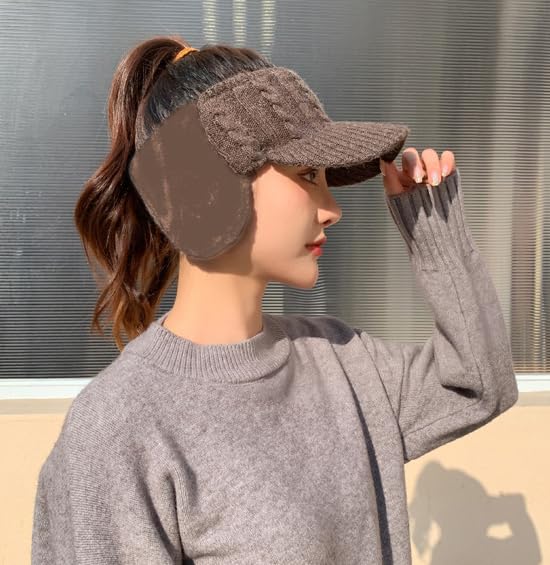 Elastic Knit Visor Hat for Women Chic Sports Hat Baseball Cap with Warm Plush Earmuffs for Cold Weather 2024 Coffee