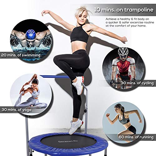 SereneLife 36"/40" Portable & Foldable Trampoline in-Home Mini Rebounder with Adjustable Handrail for Indoor and Outdoor Workout Use, Fitness Body Exercise, Round Jumping Cardio, Safe for Kids/Adults