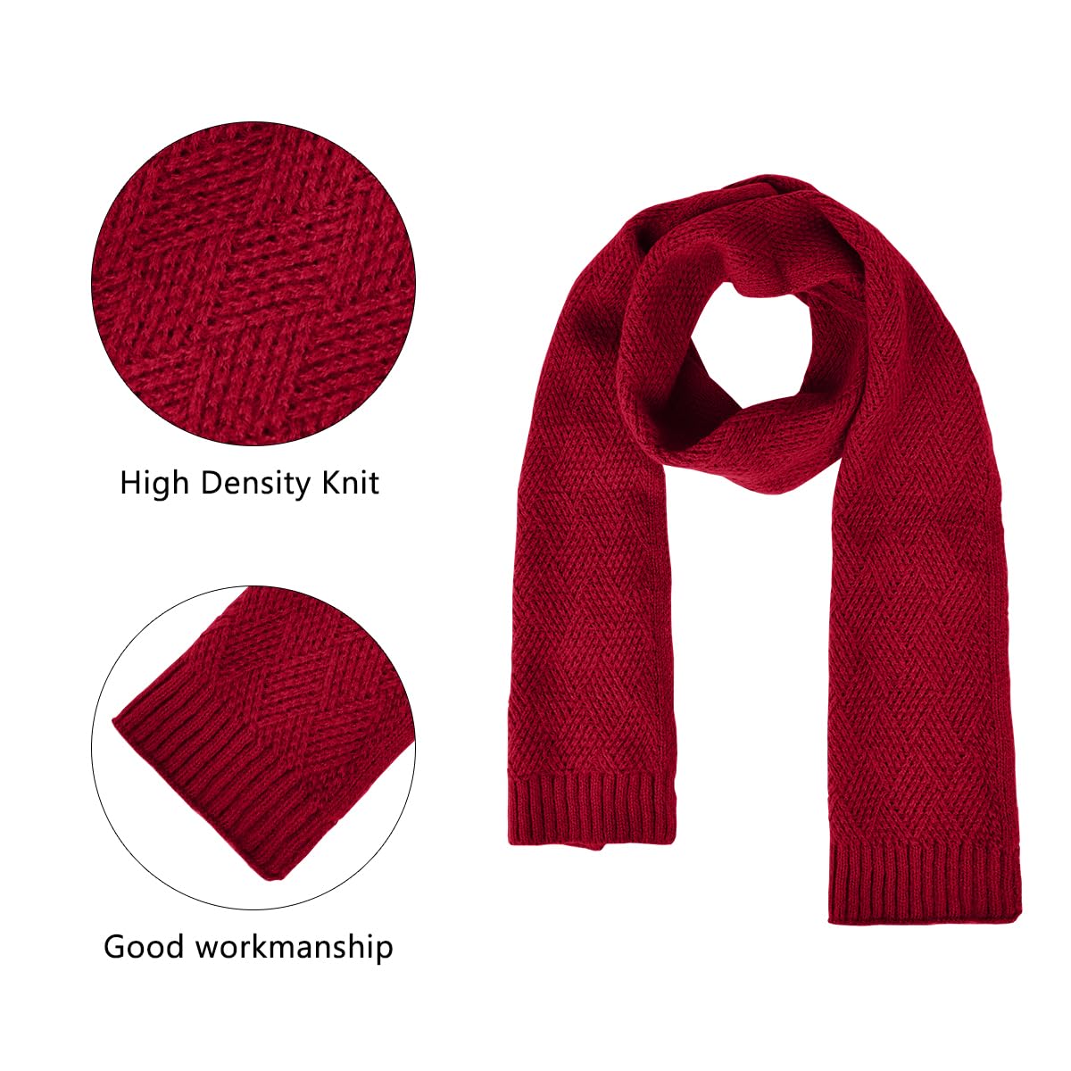 Womens Beanie Hat Scarf Gloves Set,Fleece Lined Winter Hat with Pom Pom,Long Knit Scarf Touchscreen Gloves for Cold Weather (Wine Red)