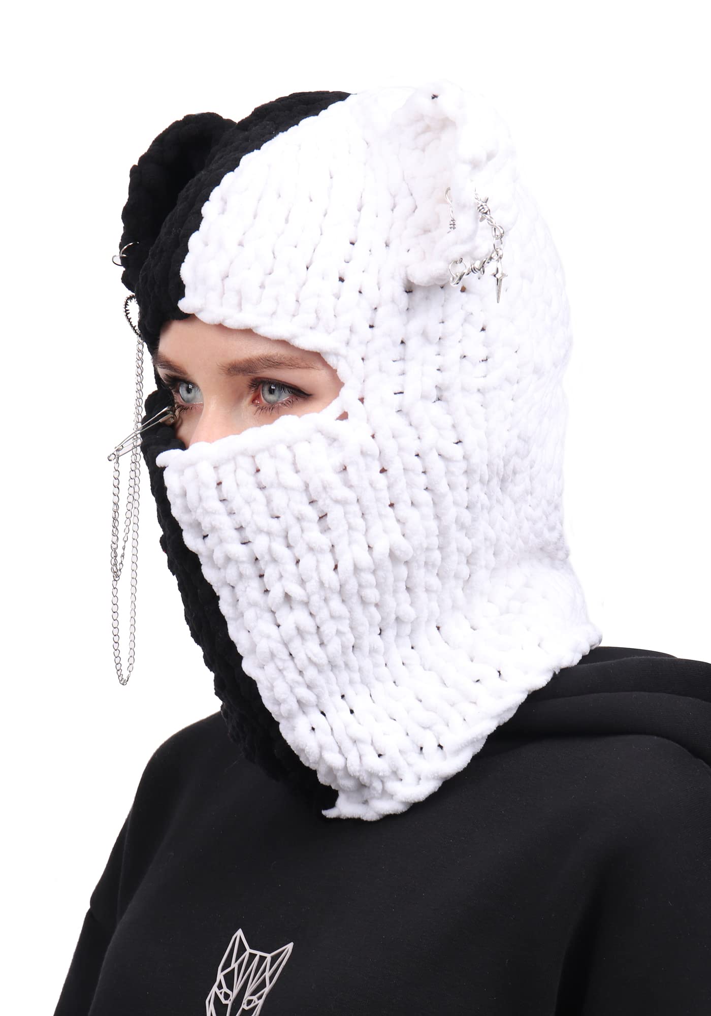 DAZCOS Knitted Balaclava Hat Devil Horn Bunny Ears Head Mask Winter Woolen Beanie Riding Hats for Women and Men (White+Black2)