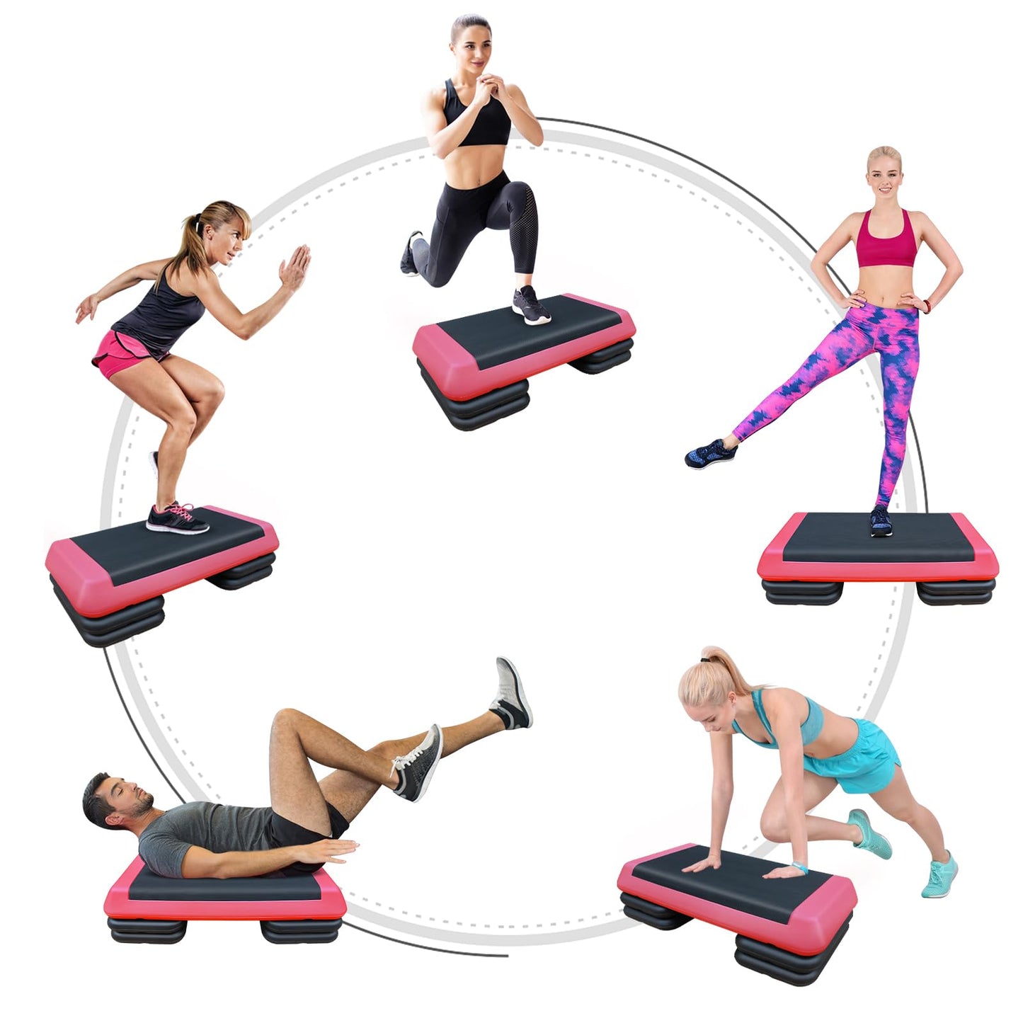 SculPong Aerobic Step Platform Height Adjustable Workout Step 4" - 6" - 8" for Fitness Strength Training with 2 Risers Rose Red