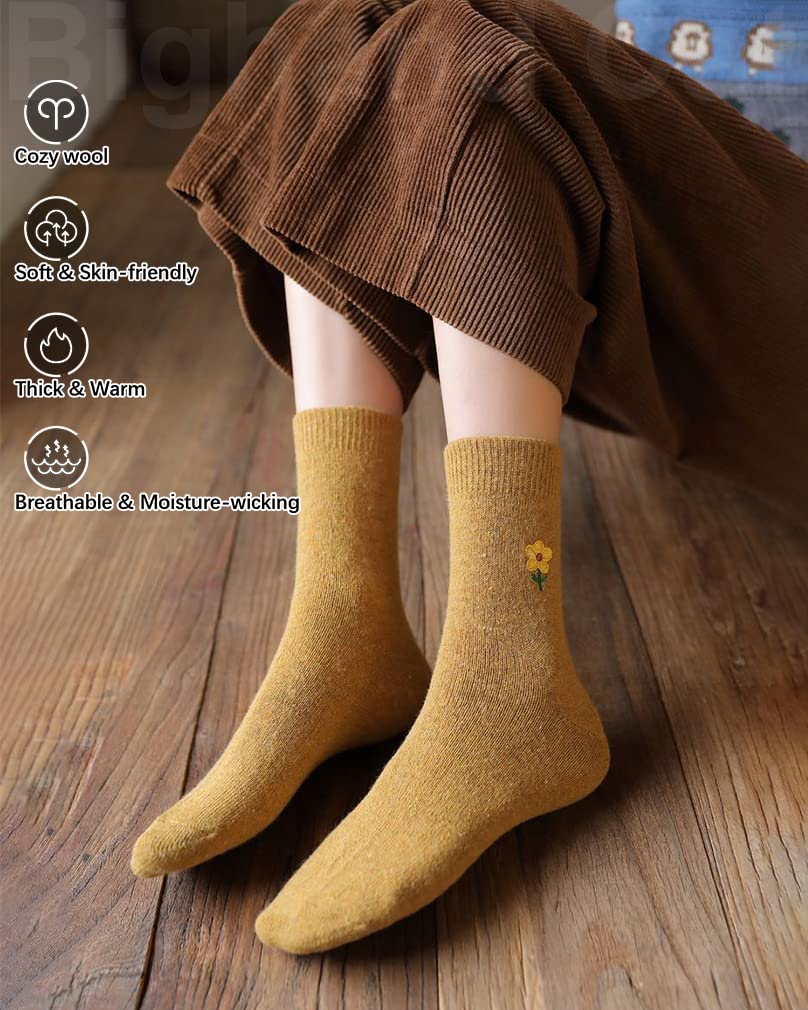 IIG Cute Warm Wool Socks for Women Super Cozy Thick Crew Winter Socks Gifts, 5 Pairs (Embroidery Flower - 5 Pairs)