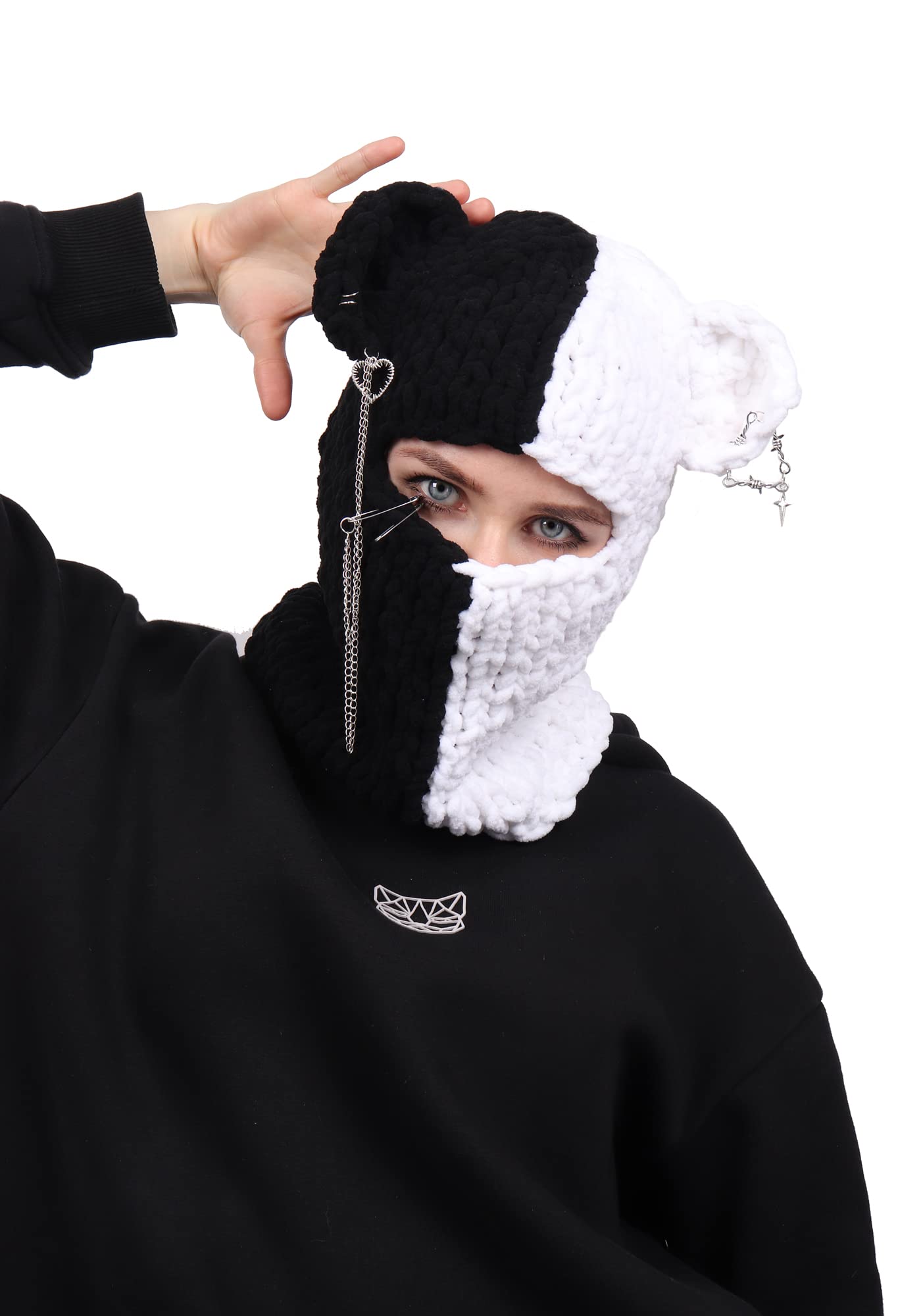 DAZCOS Knitted Balaclava Hat Devil Horn Bunny Ears Head Mask Winter Woolen Beanie Riding Hats for Women and Men (White+Black2)