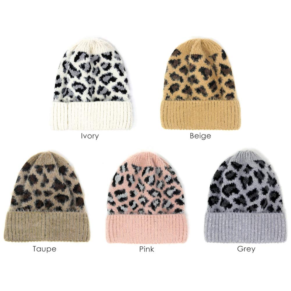 by You Women Teen Fashion Fall Winter Soft Fuzzy Leopard Animal Print Knit Cuffed Beanie Hat (Leopard Pattern - Grey)