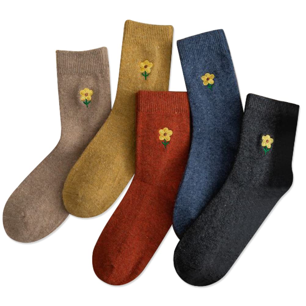 IIG Cute Warm Wool Socks for Women Super Cozy Thick Crew Winter Socks Gifts, 5 Pairs (Embroidery Flower - 5 Pairs)