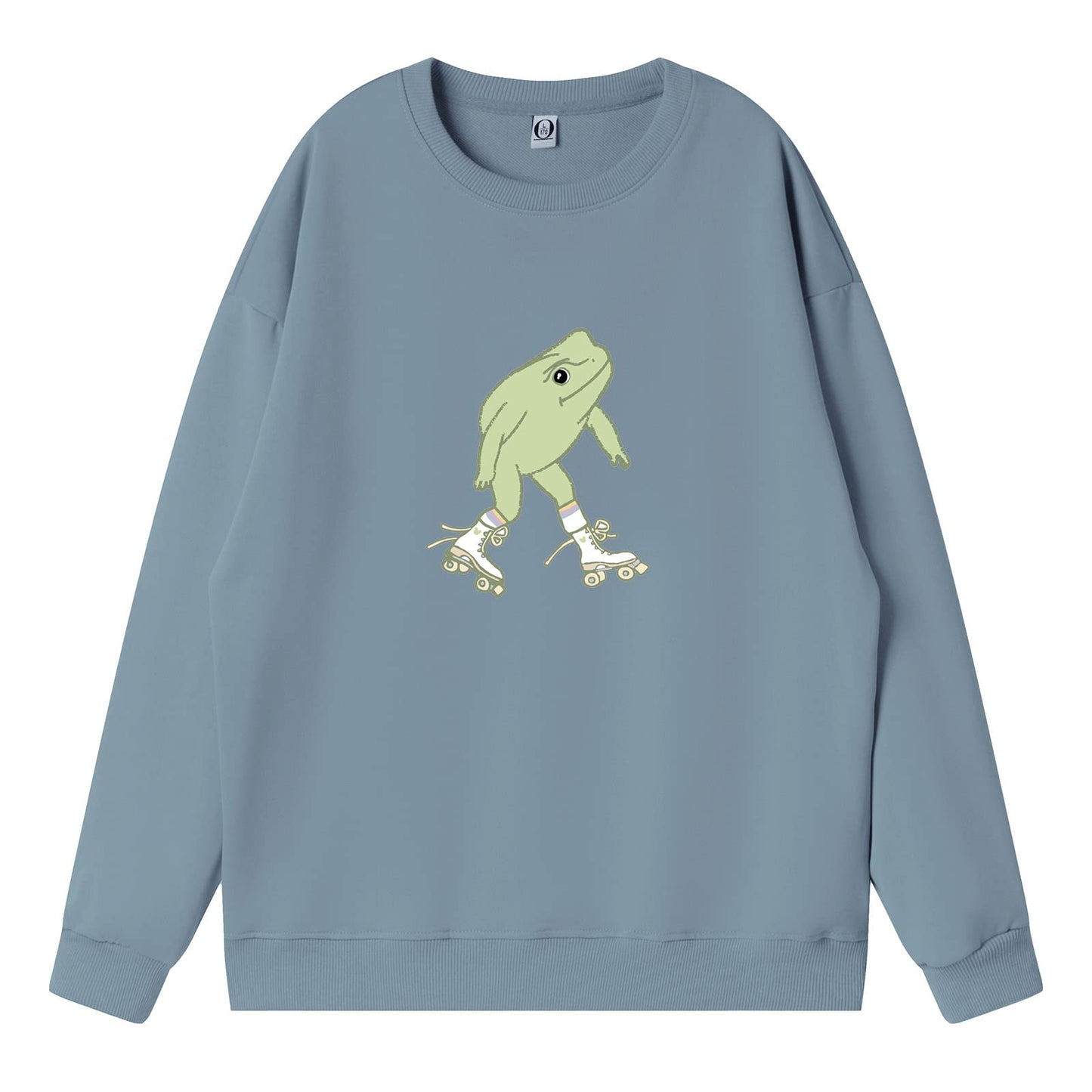 KEEVICI Cute Frog Sweatshirt for Teen Girls Kawaii Hoodie Oversized Aesthetic Animal Print Sweaters Baggy Crewneck Pullover (Gray Blue,M,Medium)