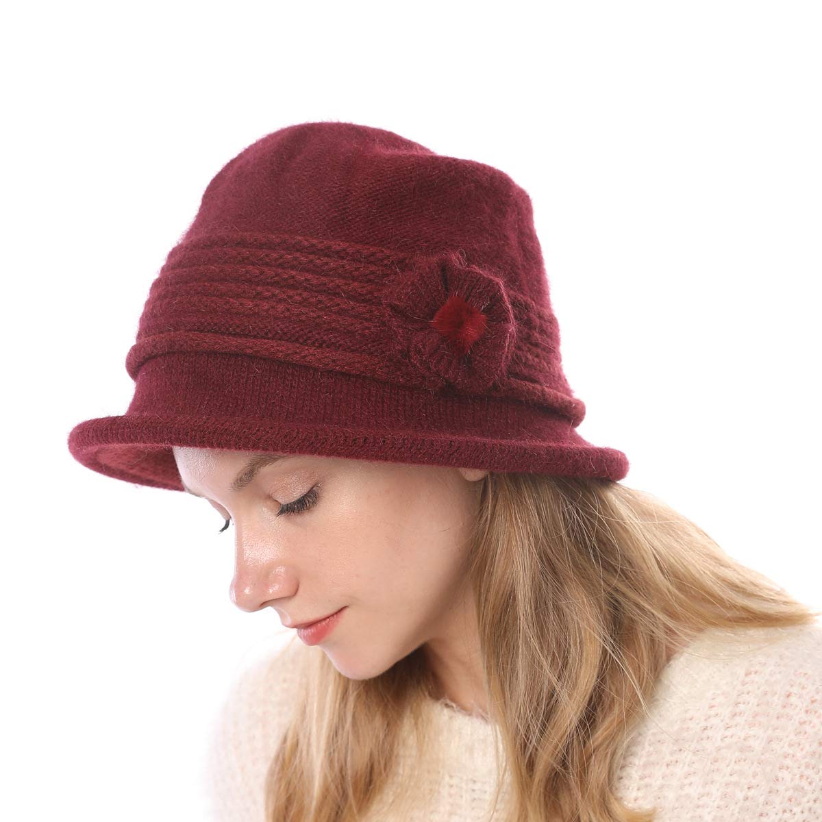 Women Winter Warm Knitted Cloche Hat Vintage Church Bucket Hat with Flower Accent