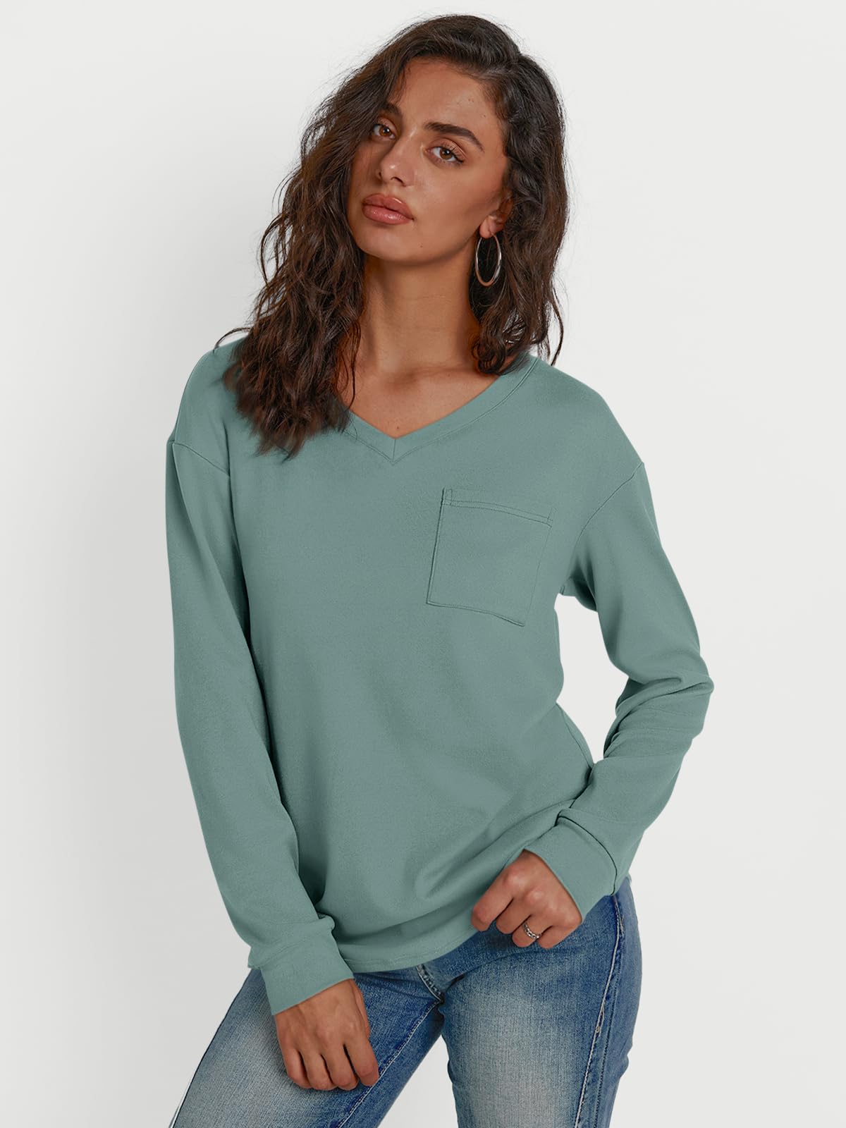 Trendy Queen Womens Long Sleeve Tops Casual Shirts V Neck Clothing Fall Fashion Clothes with Pocket Light Green XL