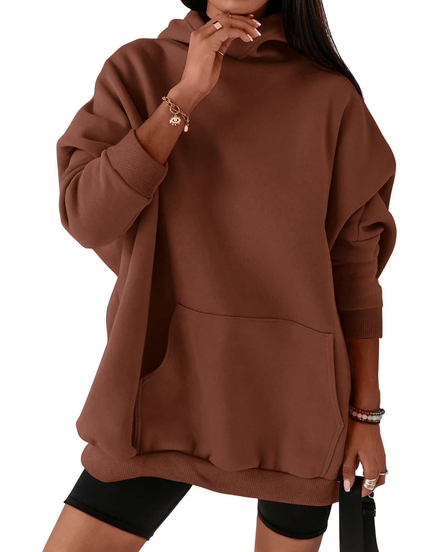 BTFBM Womens Fall Fashion 2024 Oversized Sweatshirt Hoodie Long Sleeve Fleece Pullover Holiday Tops Winter Clothes(Solid Dark Coffee, Small)
