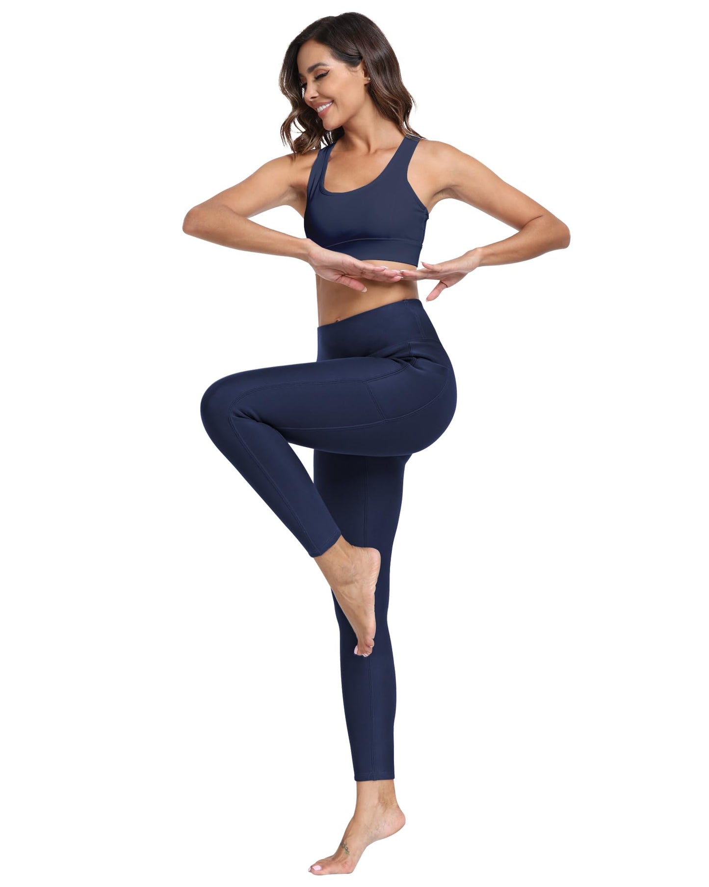 NORMOV Fleece Lined Leggings with Pockets for Women,High Waisted Winter Thermal Warm Sherpa Leggings(Navy, S)