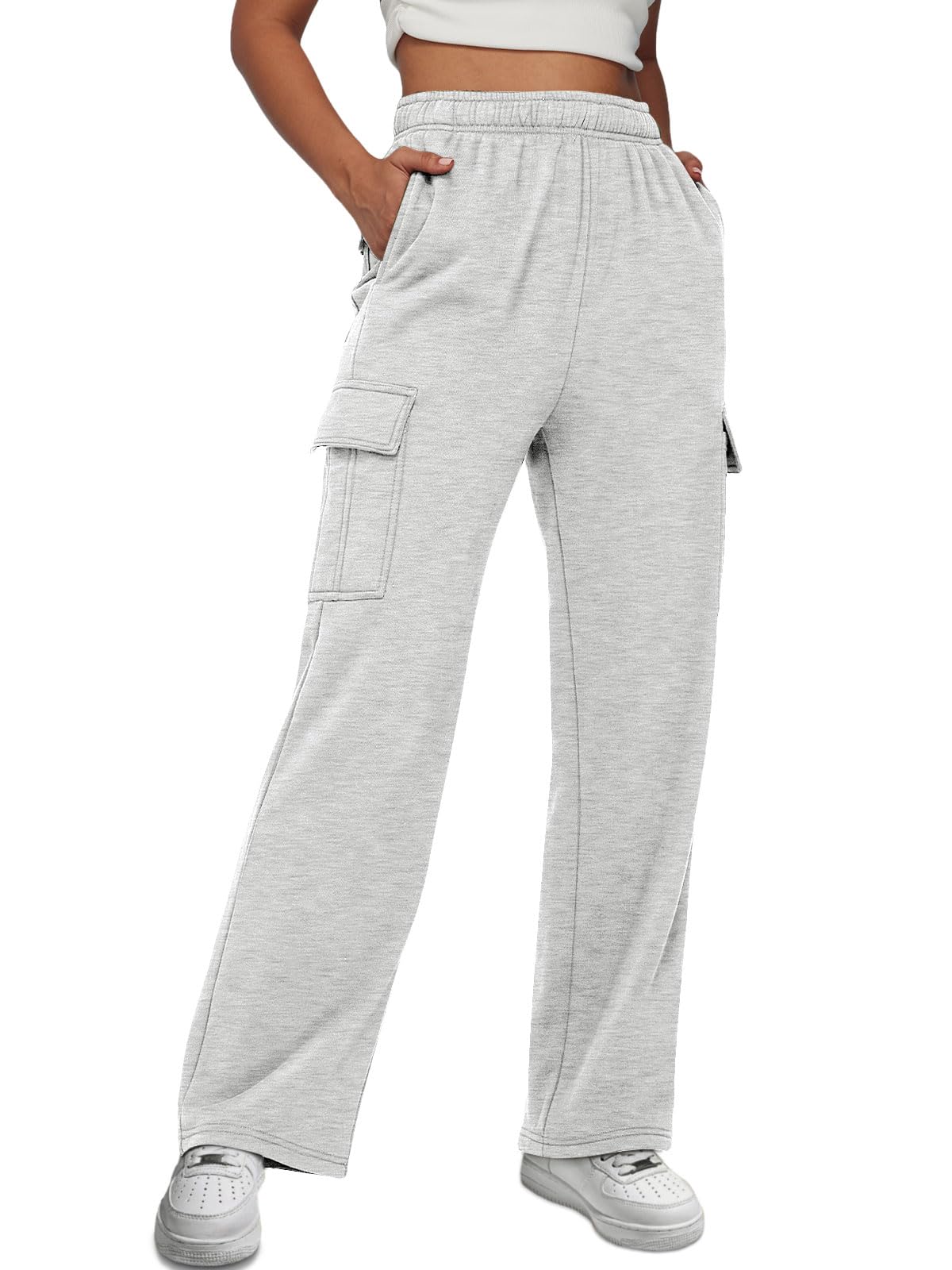 Trendy Queen Womens Cargo Sweatpants Wide Leg Baggy Fleece High Waisted Sweats Pants Winter Clothes with Pockets Grey M