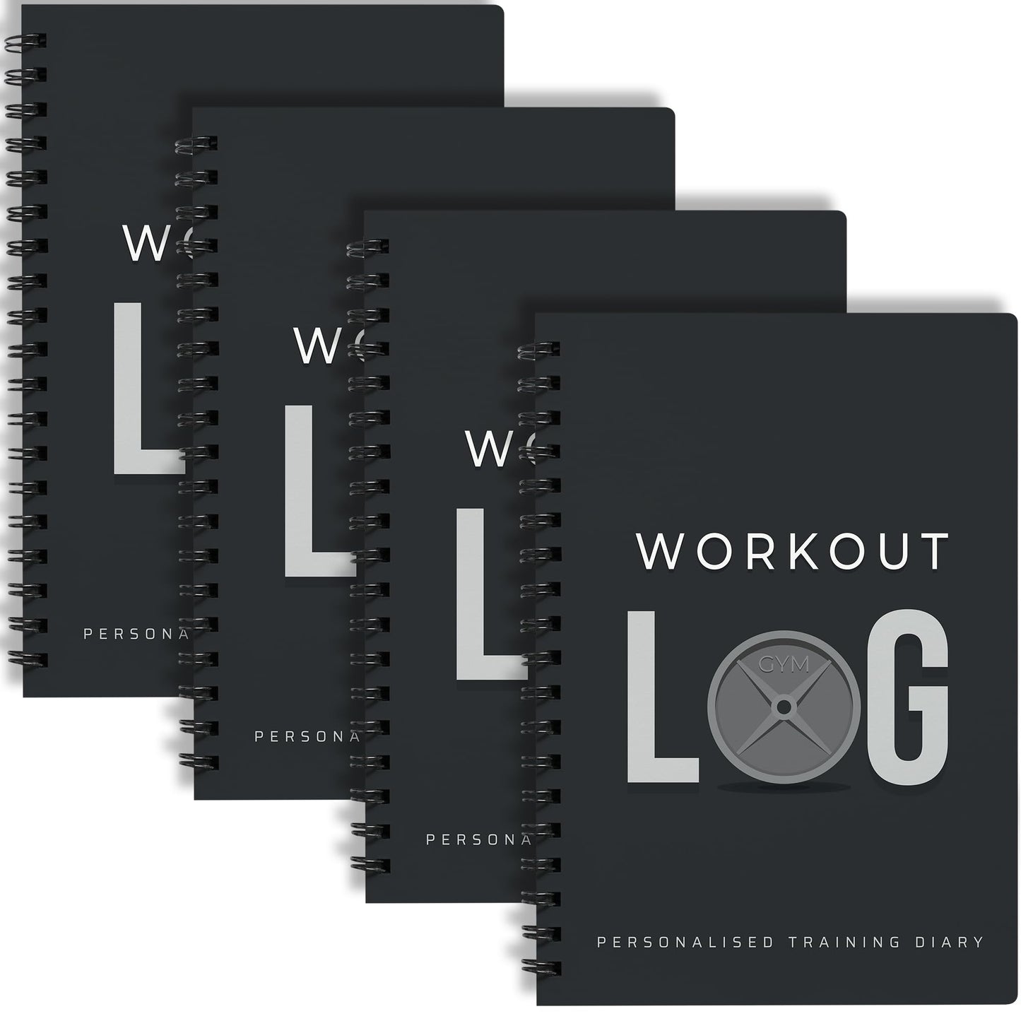 Workout Log Gym Workout Planner for Daily Fitness Tracking & Goals Setting - 4 Pack, A5 Size, 6” x 8”, Charcoal Gray - Men & Women Home & Gym Training Diary - Log Book Journal