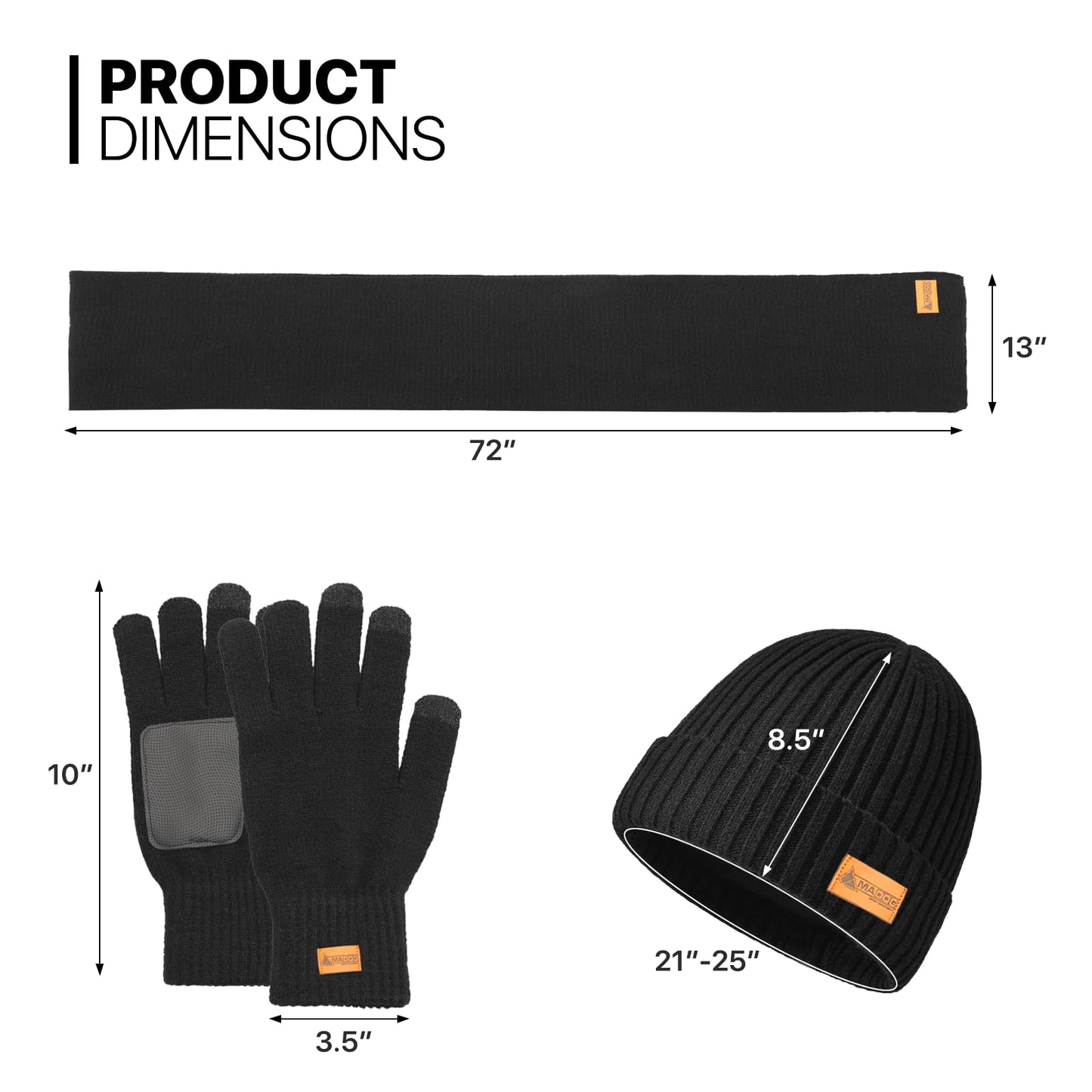 MADOG Winter Warm Knit Synthetic Wool Beanie Hat Scarf Touchscreen Gloves Set for Women Men (Black)