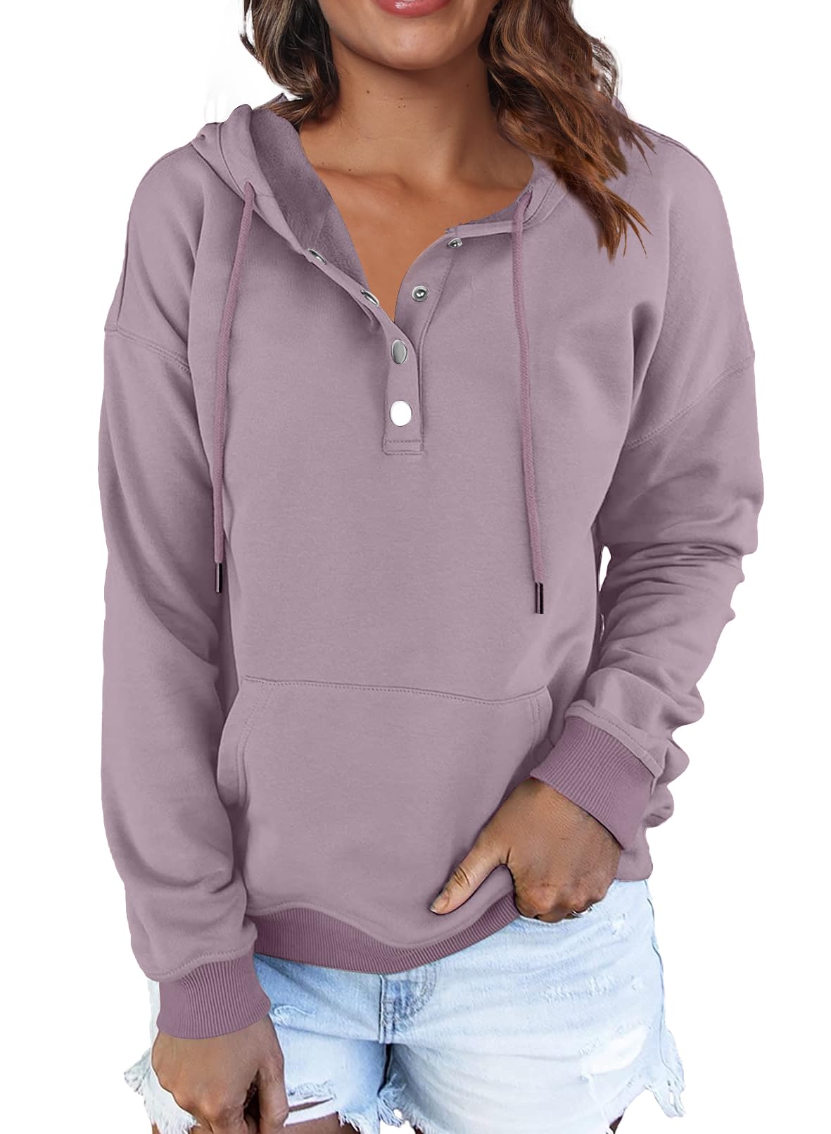 FKEEP Women Hoodies Casual Button Down Sweatshirt Drawstring Long Sleeve Pullover Fall Winter Clothes with Pockets Purple