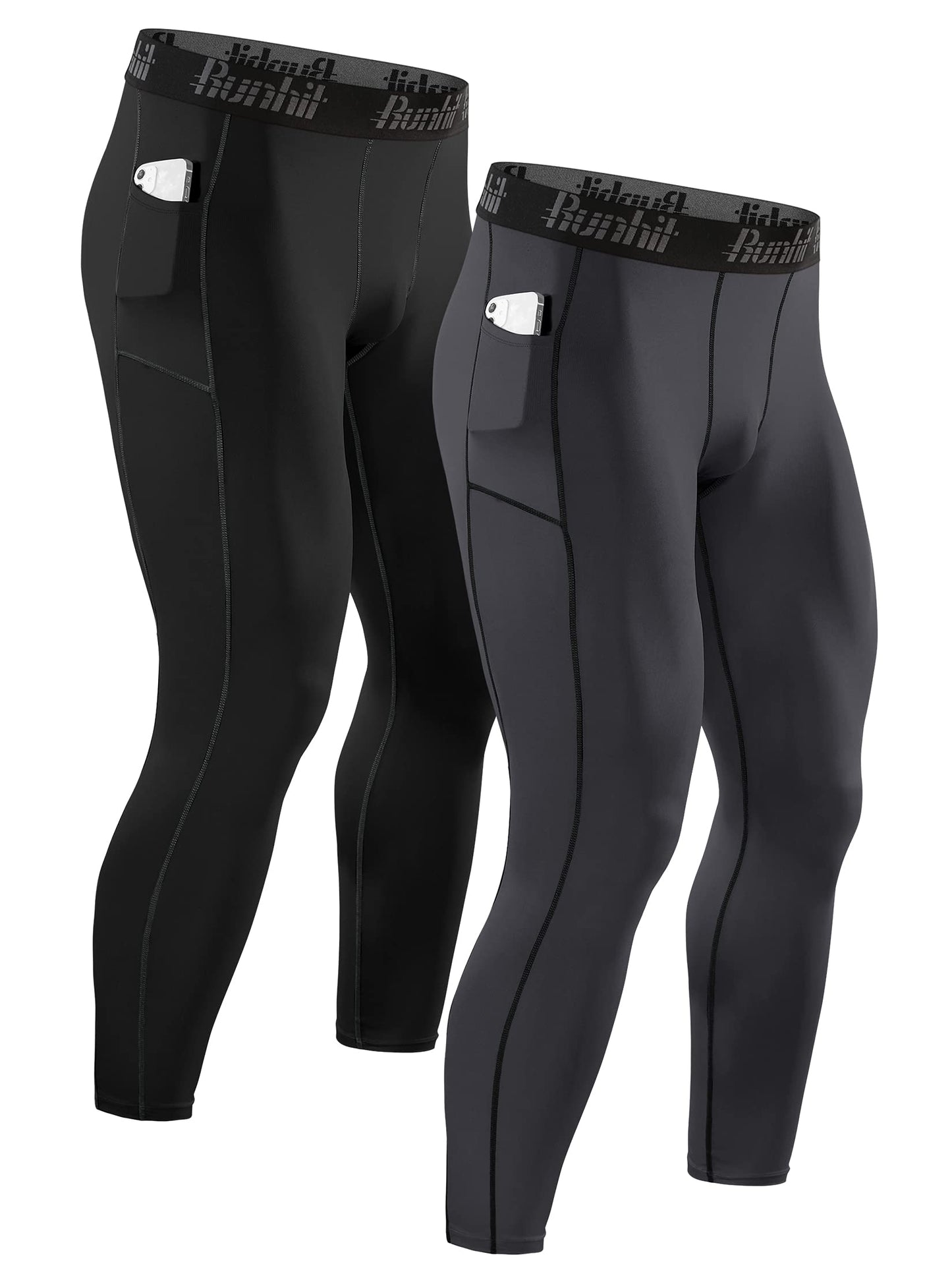 Runhit Mens Leggings Compression Pants for Men Tights with Pocket Running Pants for Men Workout Jogger Thermal Winter Base Layer Gray Black 2 Pack Large
