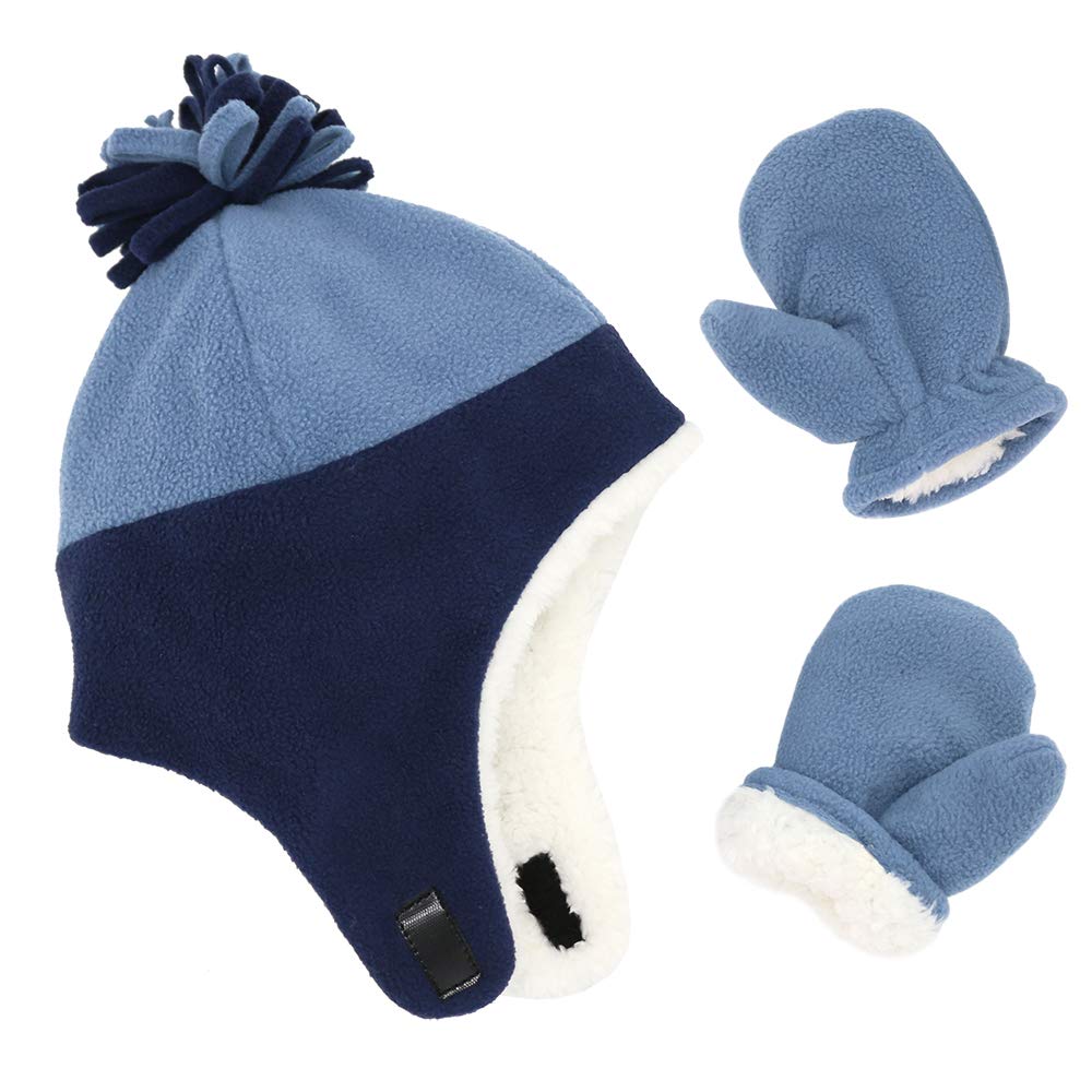 Boys Winter Hat Toddler Kids Winter Hat Baby Mittens Gloves Set Baby Beanies Caps Navy Blue 4-7T