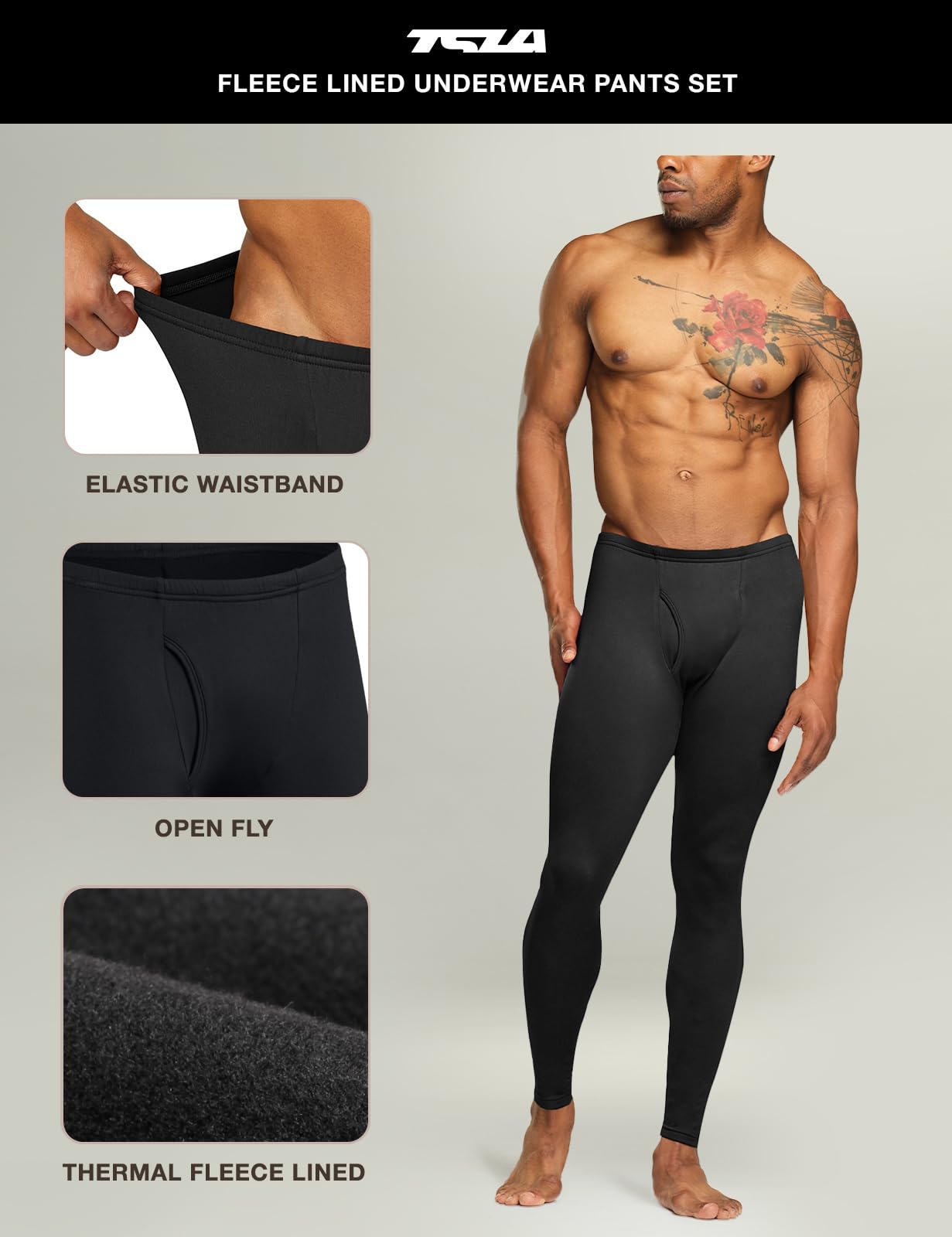 TSLA Men's Thermal Underwear Pants, Heated Warm Fleece Lined Long Johns Leggings, Winter Base Layer Bottoms, Thermal Fly-Front 2pack Black, Small