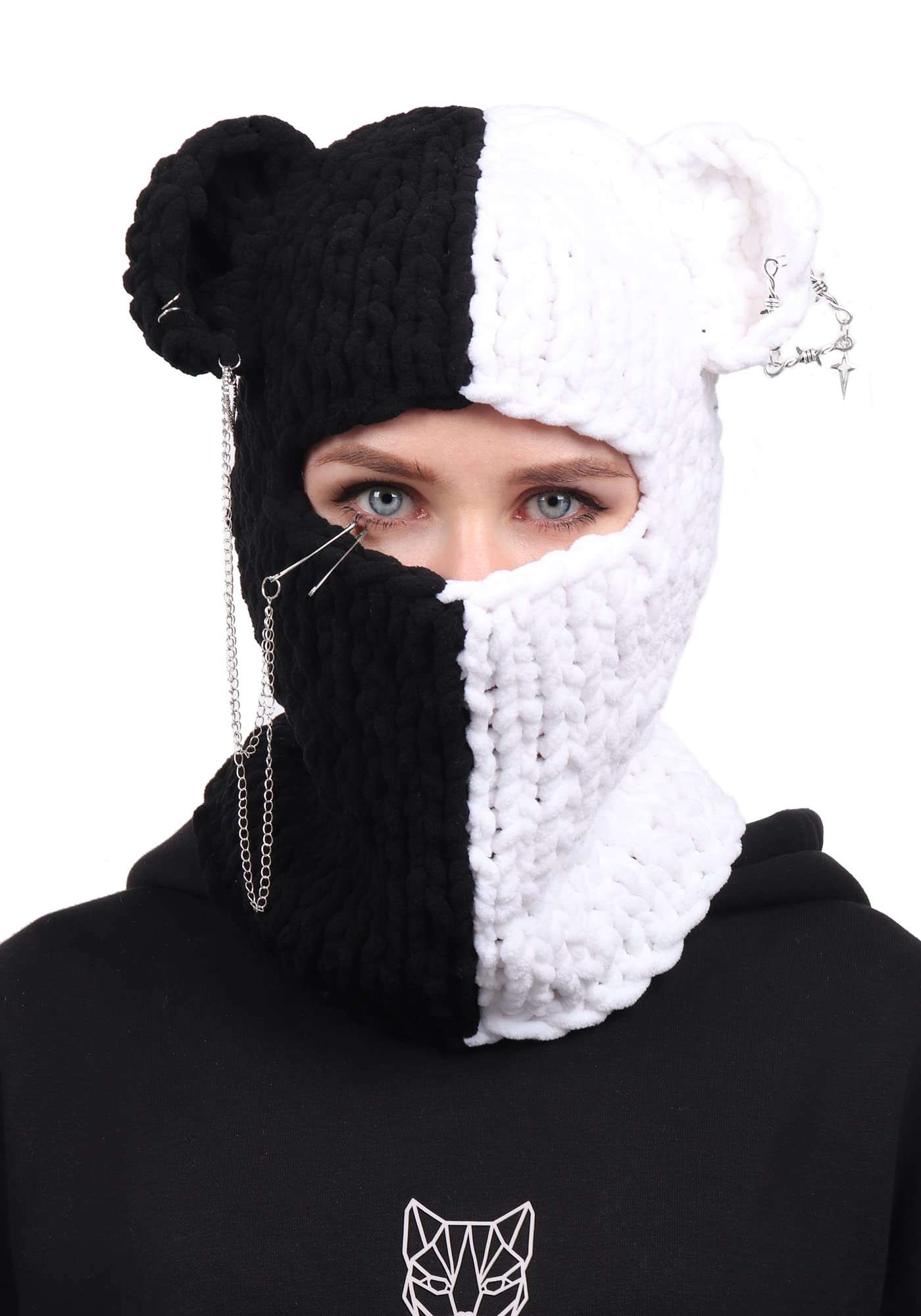 DAZCOS Knitted Balaclava Hat Devil Horn Bunny Ears Head Mask Winter Woolen Beanie Riding Hats for Women and Men (White+Black2)