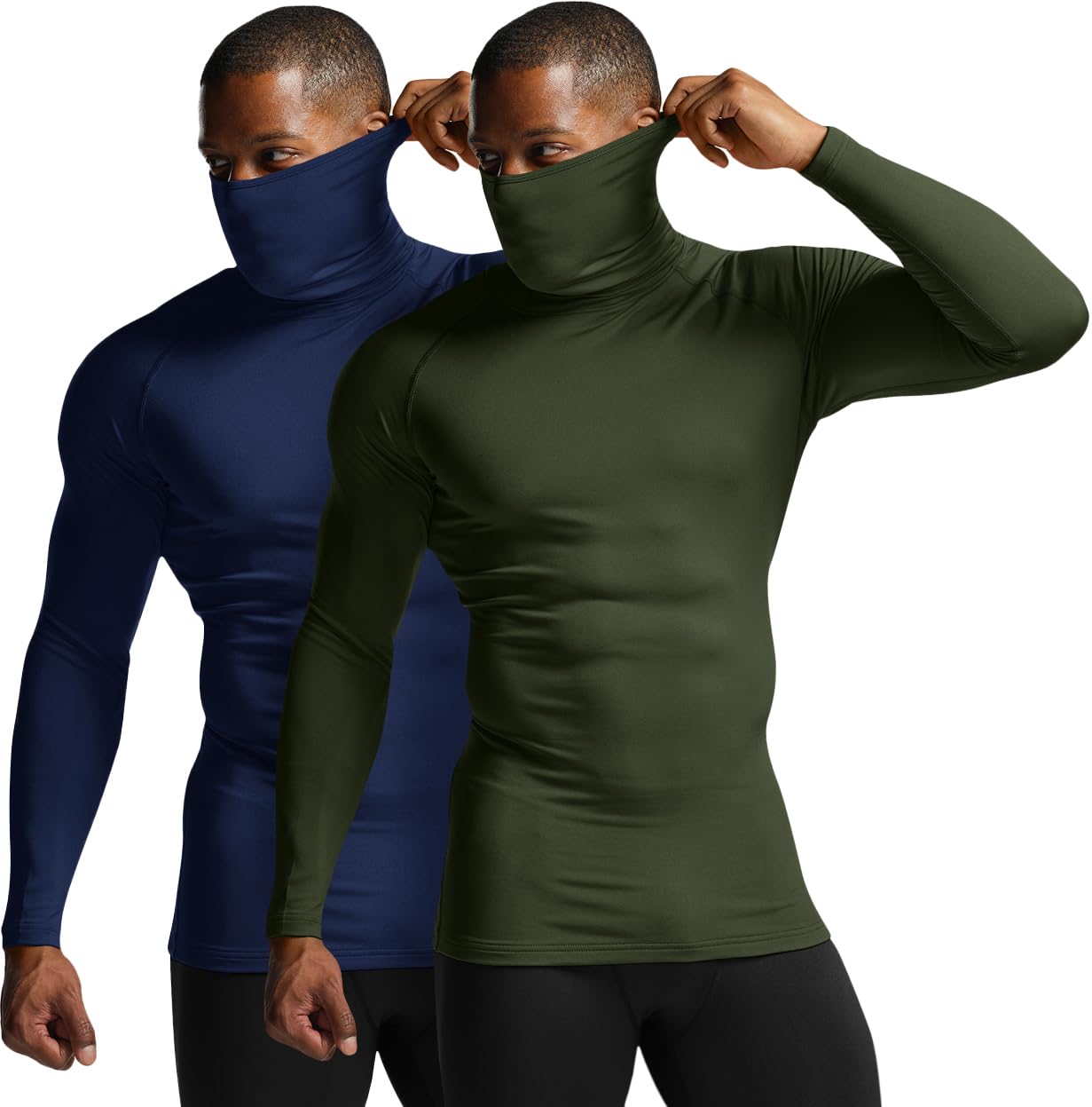 ATHLIO Men's Thermal Long Sleeve Compression Shirts, Turtle/Mock Winter Sports Base Layer, Active Running Shirt, 2pack Turtleneck Shirts Navy/Olive, X-Large