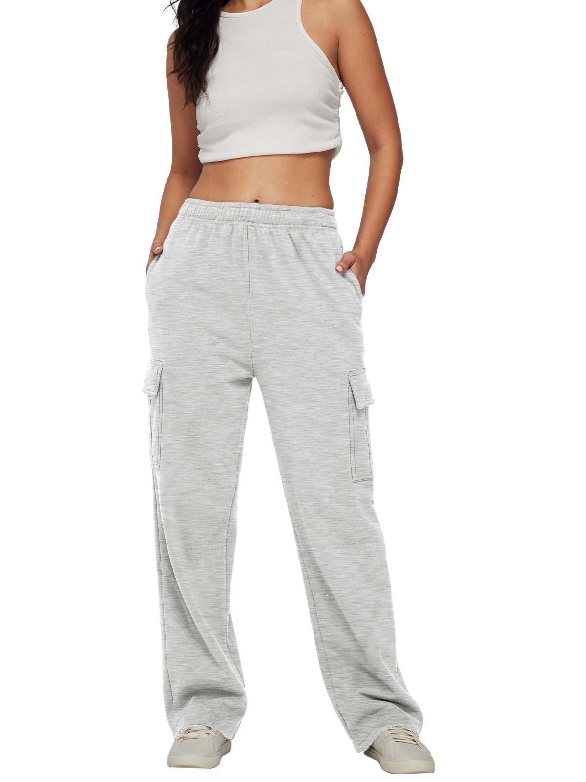 Trendy Queen Womens Cargo Sweatpants Wide Leg Baggy Fleece High Waisted Sweats Pants Winter Clothes with Pockets Grey M